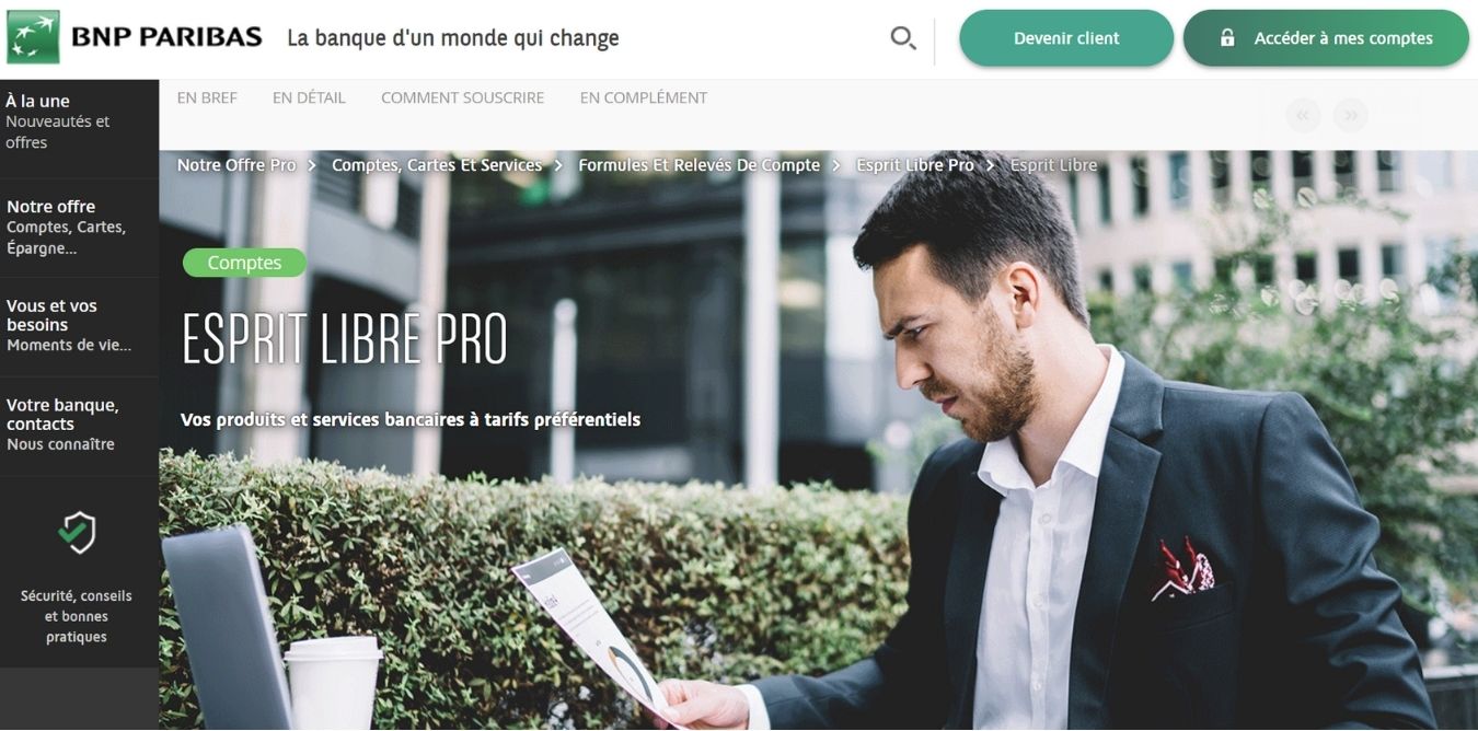 Interface de la banque BNP Paribas pour PME