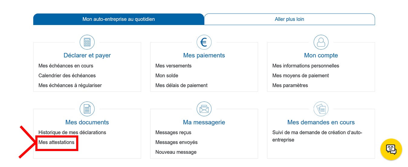 Capture d'écran de la page "Mon Compte" sur le site autoentrepreneur.urssaf.fr