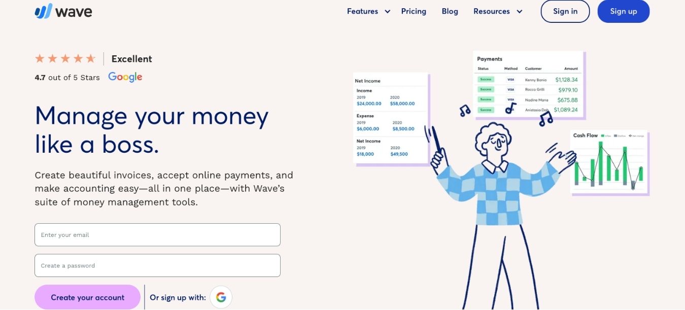 La page d'accueil du site wave : un logiciel de comptabilité en ligne gratuit