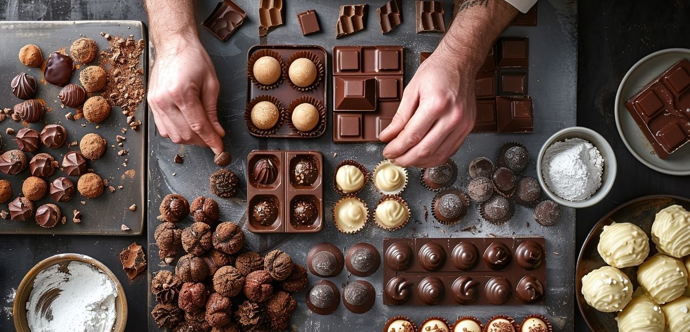 un chocolatier est en train d'assembler ses chocolats avant de les vendre dans sa boutique et de faire sa comptabilité