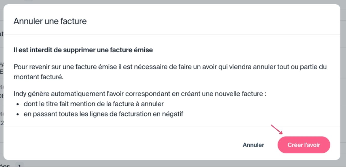 Message création de facture d'avoir sur Indy