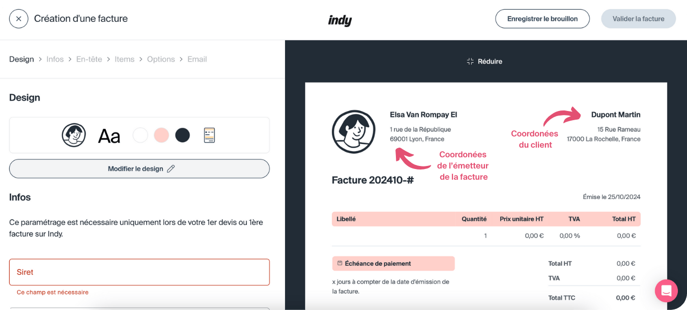 créer facilement une facture sur indy, ajout de l'adresse de facturation