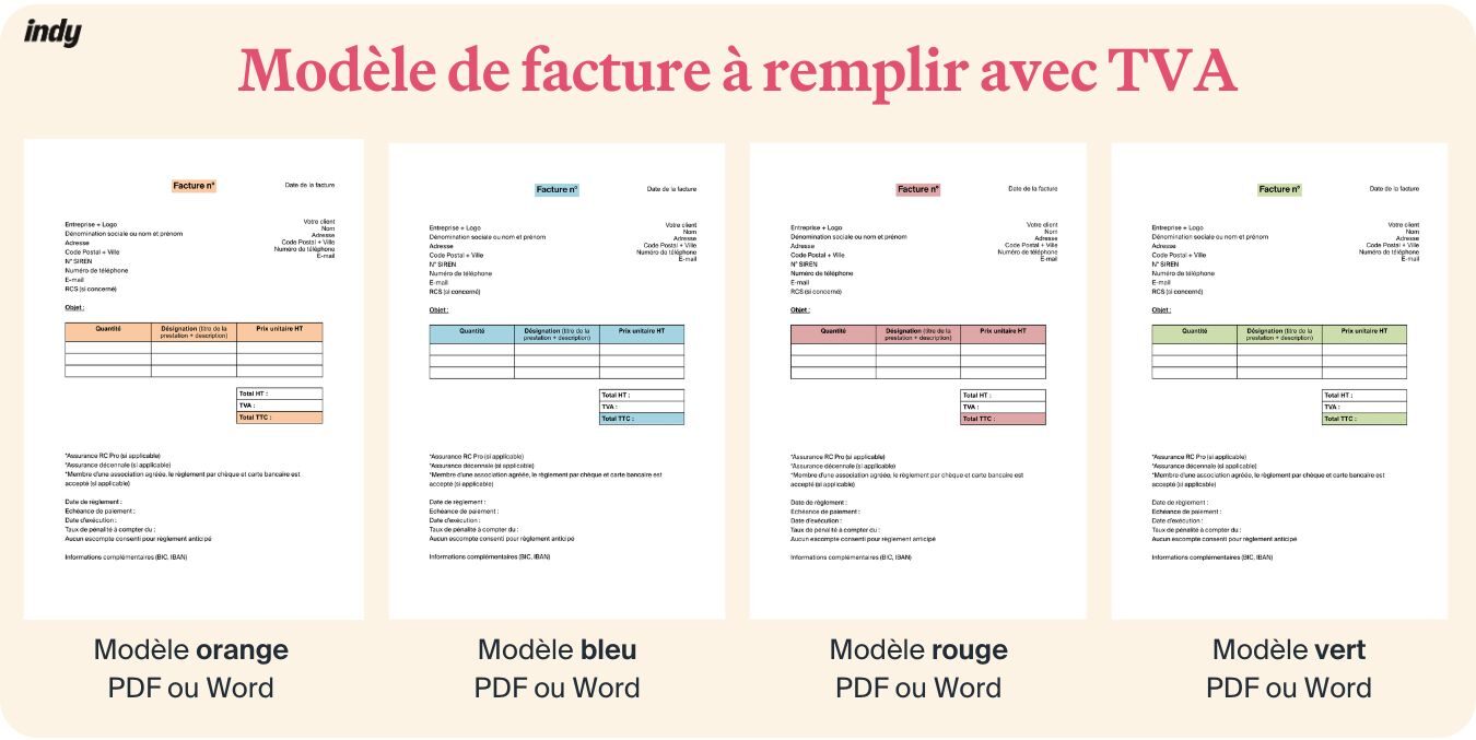 visualiser tous nos modèles de factures à remplir avec TVA et leurs couleurs