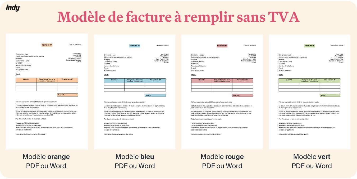 visualiser tous nos modèles de factures à remplir sans TVA et leurs couleurs