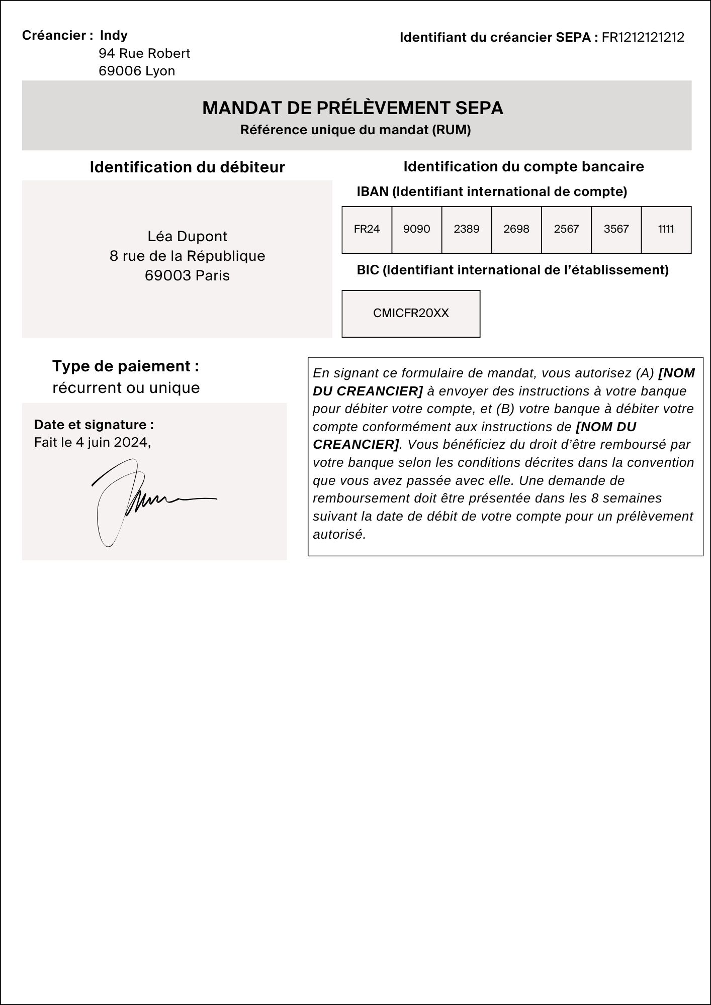 Exemple complété et signé d'un mandat SEPA
