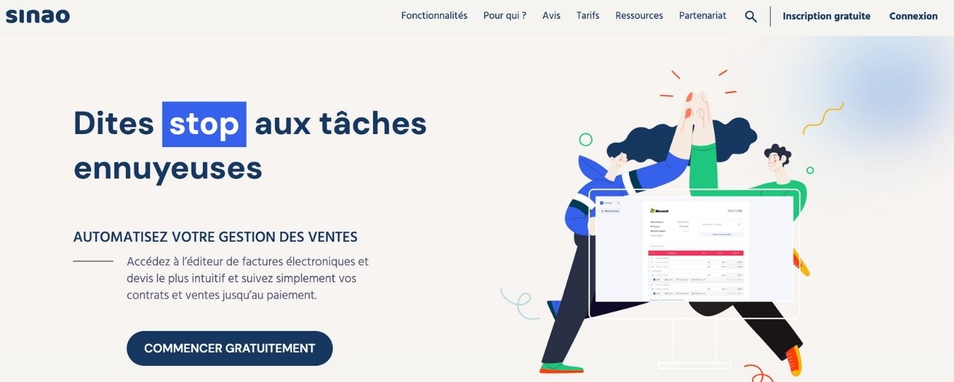 Interface du logiciel de facturation Sinao qui propose une offre gratuite