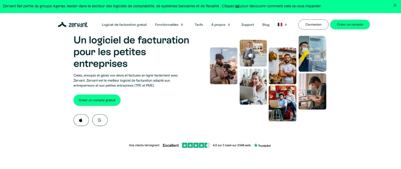 Interface du logiciel de facturation Zervant qui propose une offre gratuite